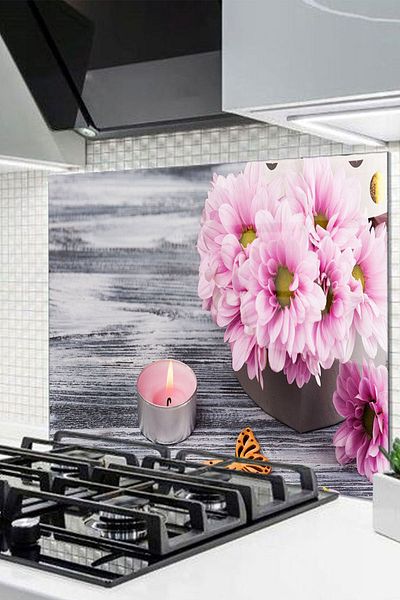 Olinpa 60X52 cm Glass Stove Back Protector Countertop Built-In Back Protector |   Flower