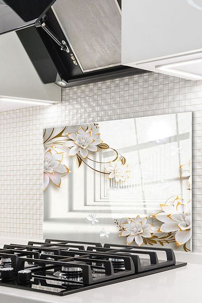 Olinpa 60X52 cm Glass Stove Back Protector Countertop Built-In Back Protector |   Flower