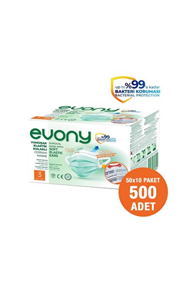 Evony Yumuşak Elastik Kulaklı Cerrahi Maske 500 Adet (10x50)