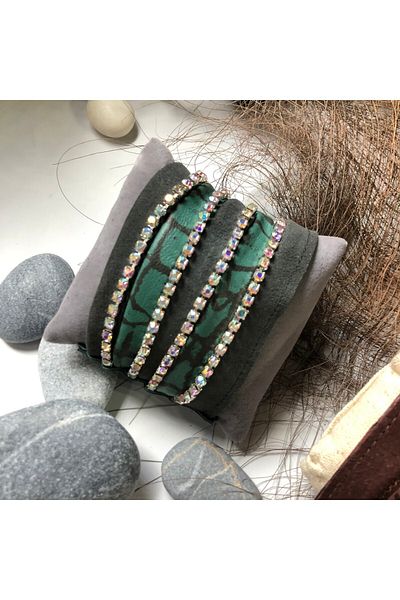 AGG TASARIM Jewelled Green Leather Bracelet