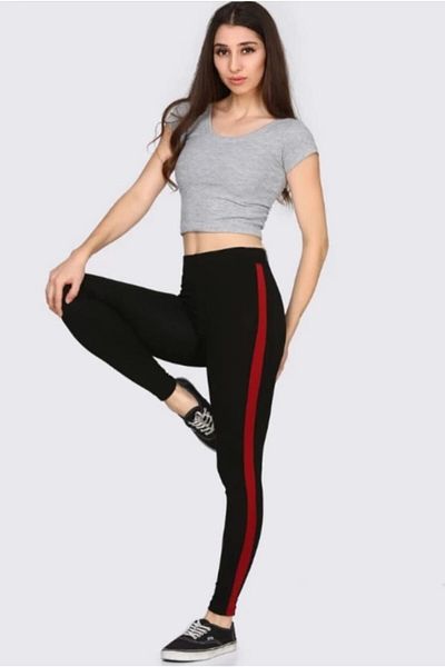 MojerHermosa Women's Black Tights with Red Stripe