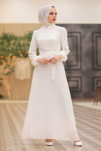 Neva Style - Belted Ecru Hijab Dress 27922E