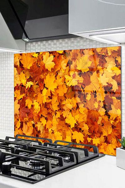 Olinpa 50X50 cm Glass Stove Back Protector Countertop Built-In Back Protector |   Autumn Leaf