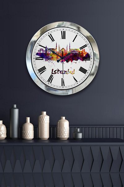 Kasva Concept Gift 36 cm Chrome Metal Istanbul Themed Wall Clock