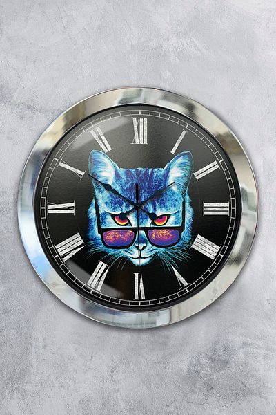 Kasva Concept Gift 36 cm Chrome Metal Cat Wall Clock