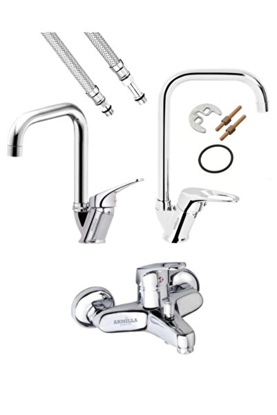 ARMİLLA ARMATÜR Köşe Borulu 3’lü Set Banyo - Mutfak Ve Lavabo Musluğu Çeşmesi...