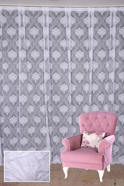 AKÇA TEKSTİL Framed Damaks White Color Single Wing Ready Planted Pleated Background Curtain 300*260 Cm