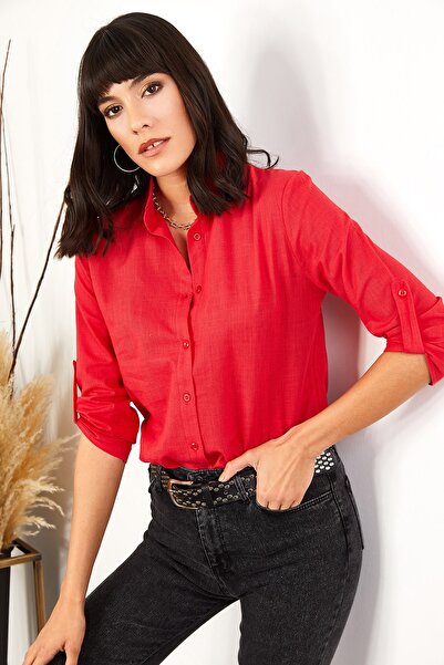 Olalook Kadın Kırmızı Kol Katlamalı Keten Gömlek