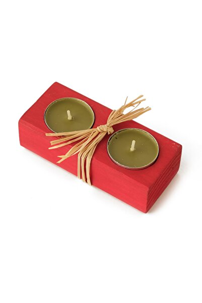 Adahşap Tealight 2'li Ahşap Mumluk Kırmızı