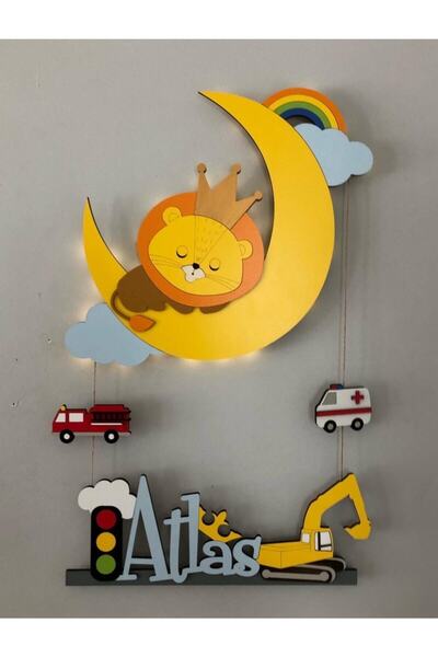 Atölye Selçukum Işıklı Ahşap Bebek Odası Kapı Süsü - Aslan