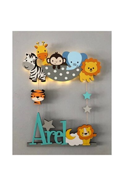 Atölye Selçukum Safari Hayvanlar Işıklı Ahşap Bebek Odası Kapı Süsü