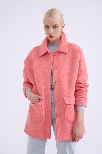 Sateen Pocket Detailed Boucle Coat - Powder