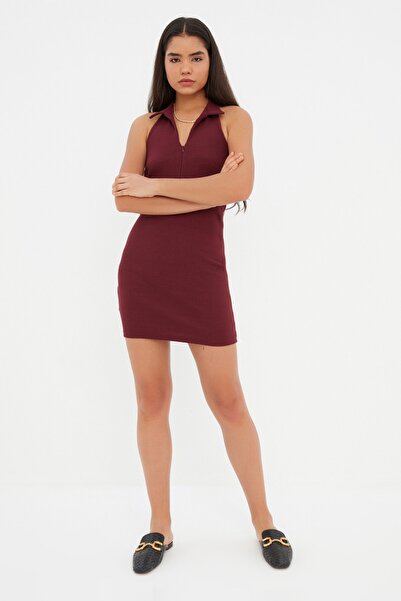 Trendyol Collection Claret Red Fitted Polo Collar Mini Ribbed Flexible Knitted Pencil Dress TWOSS22EL1981