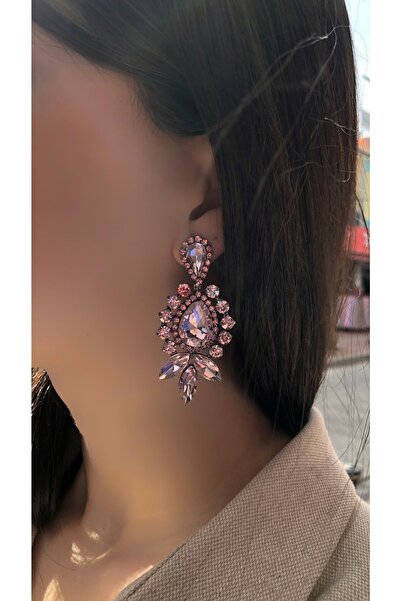 dejavugümüş Kadın Pembe Rengi Sallantılı Kristal Taşlı Abiye Küpe