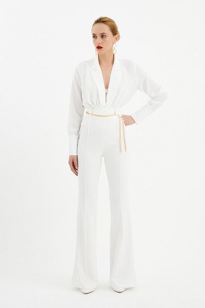 Sateen Chain Belt Flared Trousers Ecru