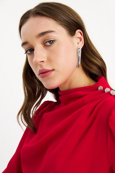 Sateen Blouse with Stone Detail on Buttons - Red