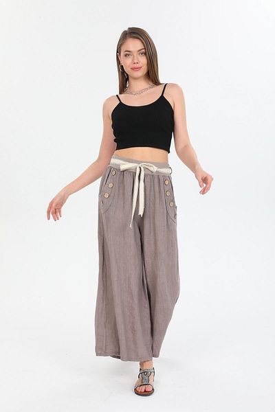 AYASOFYA OTANTIK Women's Italian Mink Button Detailed Belted Waist Wide Leg Loose Linen Trousers