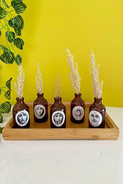Emtory Home 5'li Mini Dekoratif Fornasetti Amber Cam Şişe Vazo Seti 7,5cm