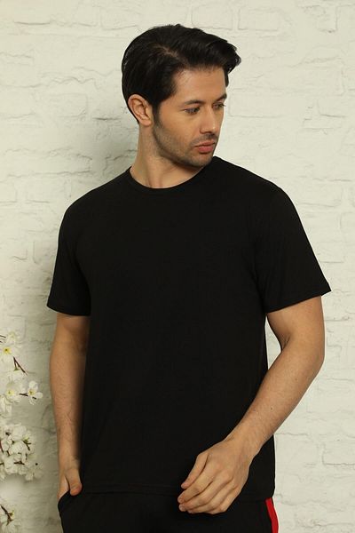 Pijamaevi Black Men's Basic Slim Fit Crew Neck Short Sleeve Pajama Top