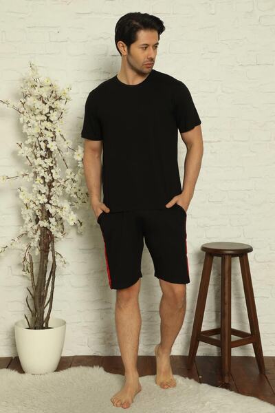 Pijamaevi Siyah Düz Basic Şortlu Kısa Kollu Erkek Pijama Takımı