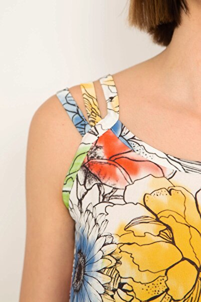 Şans Tekstil Women's Colorful Rope Strap Floral Patterned Long Dress 85n6913