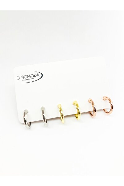 EUROMODA Gümüş Altın Rose Renkleri 6lı Halka Küpe Seti