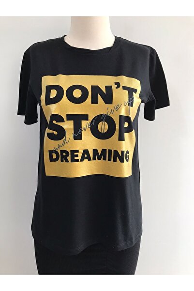 DİVİSTA Tricou cu mânecă scurtă imprimat cu gât negru pentru femei