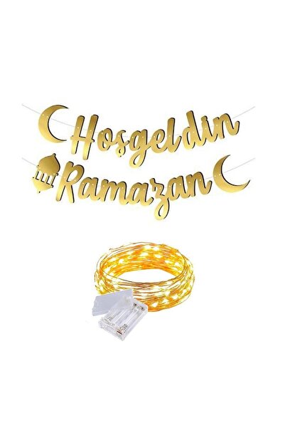 Mashotrend Gold Hoş Geldin Ramazan Banner + Peri Led - Kaligrafi Banner - Bayram Banner - Kaligrafi Ramazan