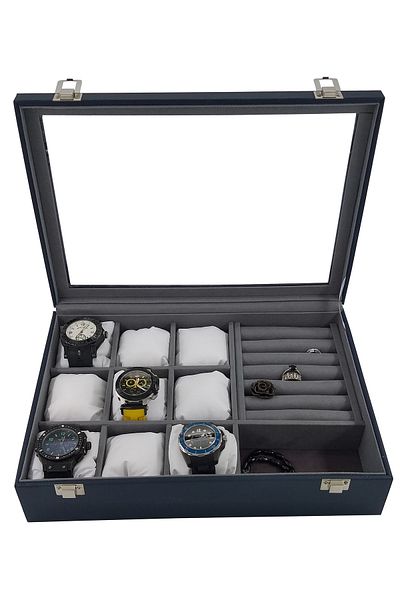 Dijital Çarşı 9-Piece Watch Bracelet Bracelet Cufflink Multi-Purpose Jewelry Box Navy Crocodile