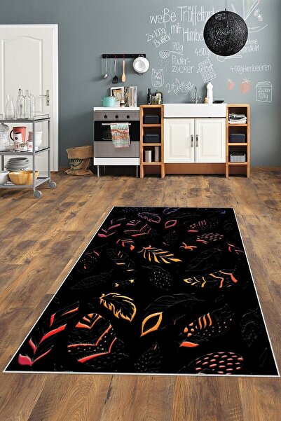 on the clouds Siyah Yaprak Desenli Yıkanabilir Kaymaz Taban Leke Tutmaz Moder...