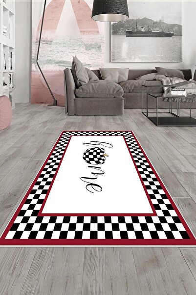 Pelangi Bordo Dama Desenli Yıkanabilir Kaymaz Taban Leke Tutmaz Modern Salon ...