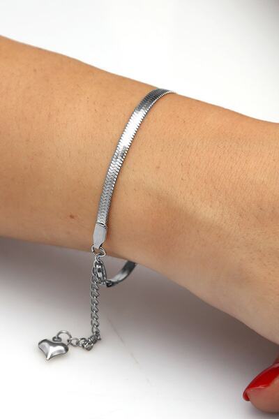 TREND COLLECTİON Italian Snake Model Women's Heart Silver Steel Bracelet