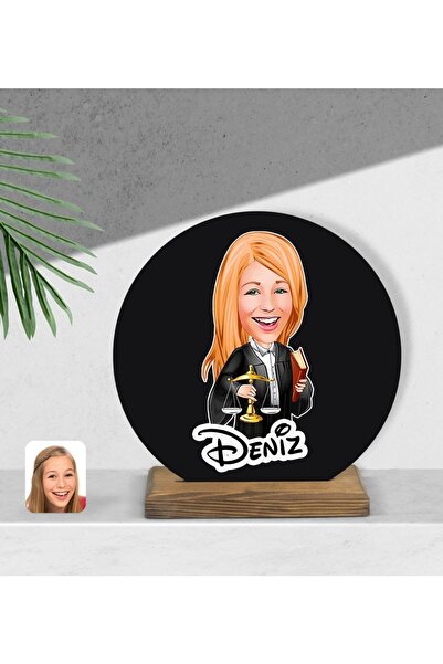 Bk Gift Kişiye Özel Kadın Avukat Karikatürlü Yuvarlak Ahşap Biblo-1