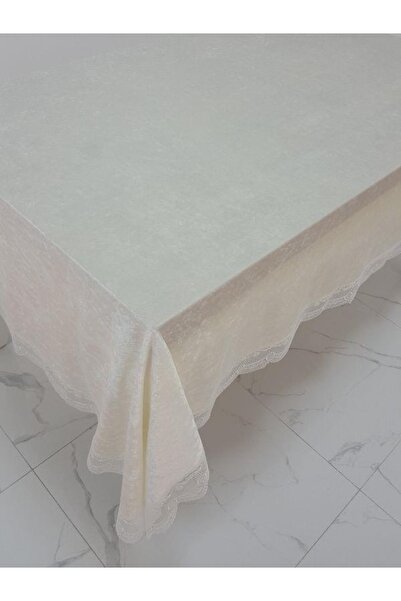 Finezza Pera Lüx Dantelli Kadife Kumaş Krem Masa Örtüsü 160x220 Cm - 1012