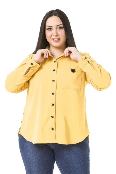 DISENTIS MODEST قميص أصفر - مقاس كبير، جيب جلدي، تفاصيل أزرار جانبية قابلة لل...