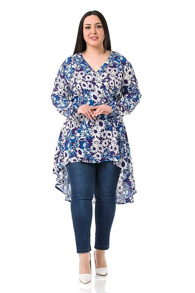 DISENTIS MODEST Large Size Double Breasted Arm Mouth Elastic Back Zipper Long Back Floral Navy Blue Tunic