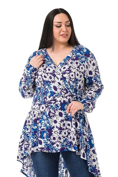 DISENTIS MODEST Large Size Double Breasted Arm Mouth Elastic Back Zipper Long Back Floral Navy Blue Tunic