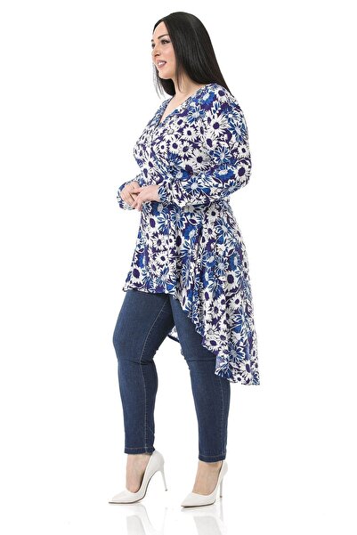 DISENTIS MODEST Μεγάλου μεγέθους Διπλό Μπράτσο Μπράτσο Ελαστικό Φερμουάρ Πίσω Μακριά Φλοράλ Ναυτικό Μπλε τουνίκ