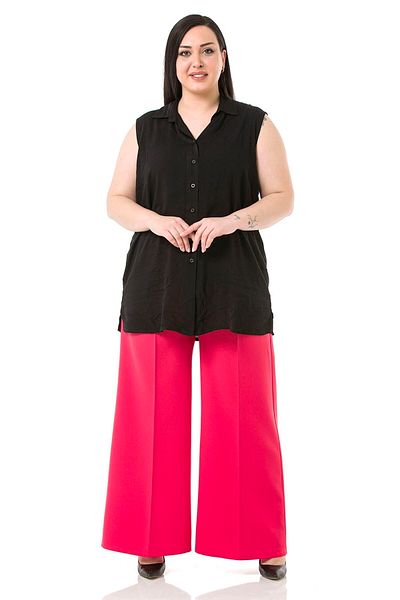 DISENTIS MODEST Plus Size Wide Leg Double Fuchsia Trousers with Elastic Waist, Sides and Back
