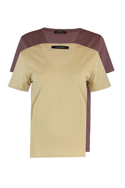 Trendyol Collection Brązowo-beżowy T-shirt z dzianiny z dekoltem w serek, 2 sztuki
