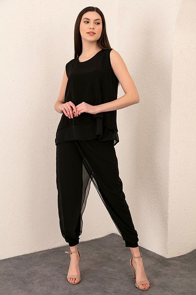 EtkiModa Pantaloni Shalwar cu picior elastic cu detalii din șifon negru de damă