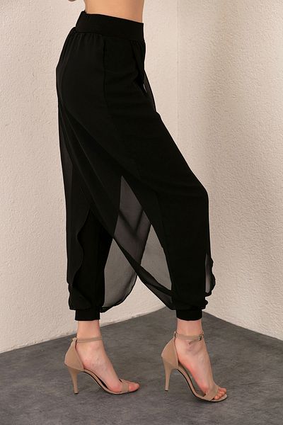EtkiModa Pantaloni Shalwar cu picior elastic cu detalii din șifon negru de damă