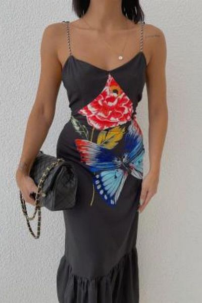 1Moda1Tarz Γυναικείο φόρεμα με λουράκι με λουράκι με ελαστική πλάτη με μαύρη πεταλούδα