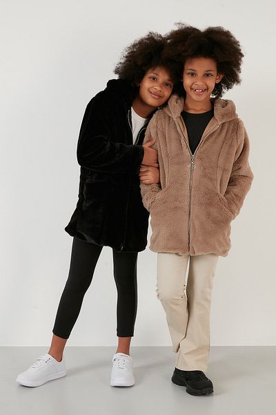 Lela Lined Hooded Faux Fur Coat with Pockets Girl's Coat 2497lına