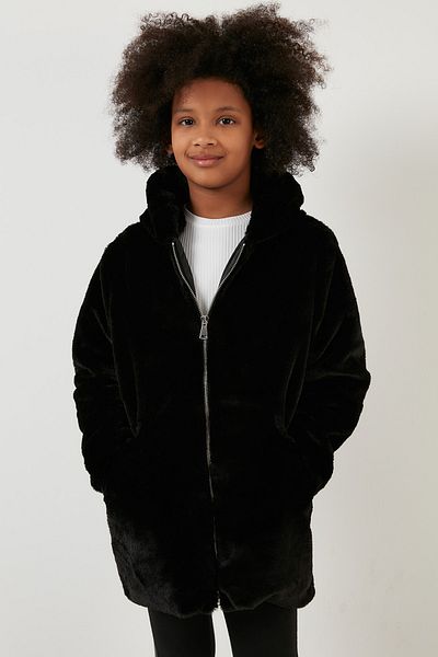 Lela Lined Hooded Faux Fur Coat with Pockets Girl's Coat 2497lına