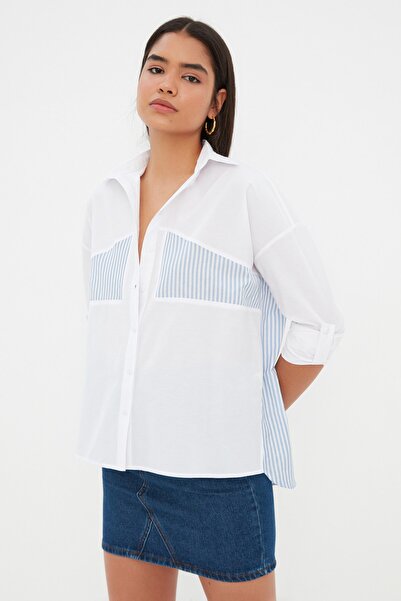 Trendyol Collection Oversize ecru pruhovaná košile - Široký střih TWOSS22GO00098