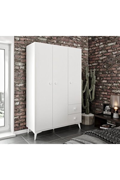 WENCE Akasya 3 Kapaklı 2 Çekmeceli Mdf Gardrop Elbise Dolabı Beyaz - Tamamı 1...