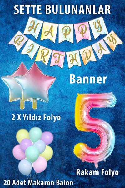 Patladı Gitti Rainbow Concept 5 Year Old Birthday Party Celebration Set; Number and Star Foil, Banner and Macaron Honey