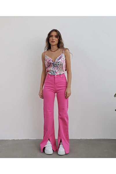 purple pi Kadın Pembe Yüksek Bel Yırtmaçlı Jean Pantolon