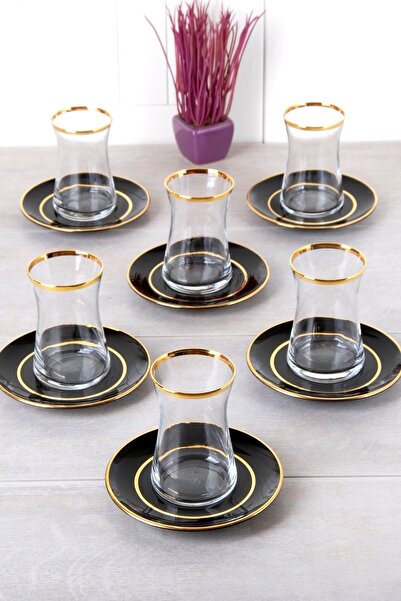 WuuQ Çay Bardağı Seti - Siyah Gold Şeritli 12 Parça